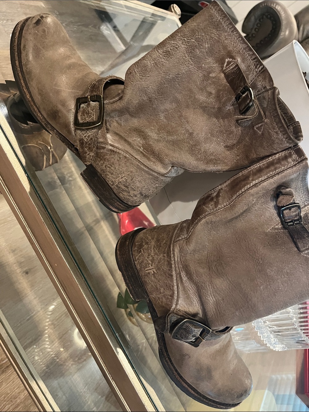 Frye Women's Gray-Brown Distressed Moto Boots with Buckles